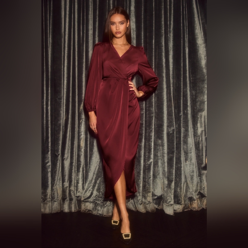 Burgundy Satin Draped Tulip Hem Midi Dress